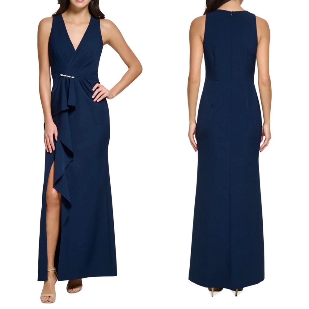 ELIZA J Ruffled Long Evening Dress NEW Navy Size 6